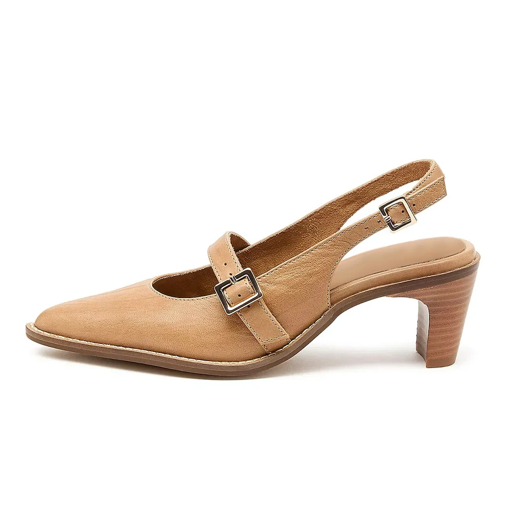 Tan Pointed Toe Slingback Mary Jane Shoes Heels with Buckle Strap