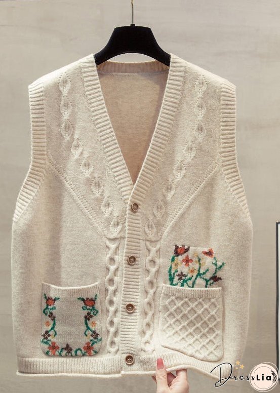 Natural Yellow V Neck Floral Cotton Knitted Waistcoat Fall