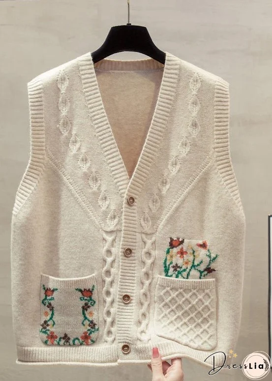 Natural Yellow V Neck Floral Cotton Knitted Waistcoat Fall