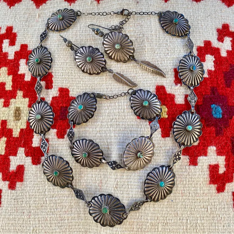 Navajo Concho Necklace Earrings and Bracelet Set with Turquoise