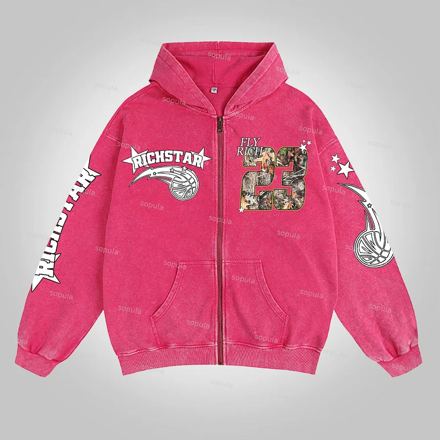 Sopula Rich Star Basketball No.23 Graphic Print Washed Zip-Up Hoodie