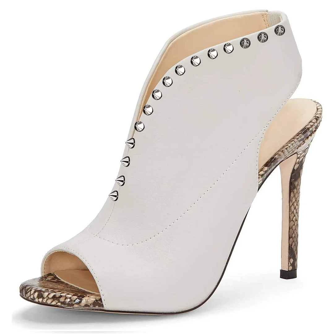 Ivory Vegan Leather Peep Toe Python Insole Studded High Heels Sandals