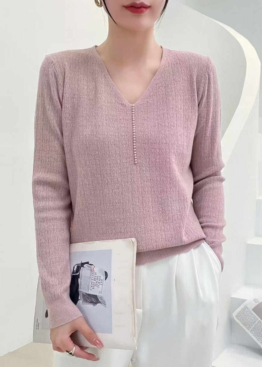 VCSHOES Pink V Neck Nail Bead Solid Knit Sweater Fall