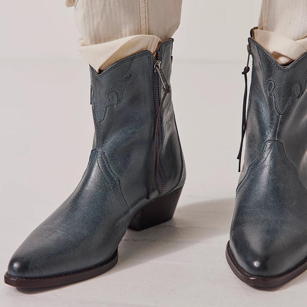 Navy Pointed Toe Zip Booties Chunky Heel Western Boots for Women
