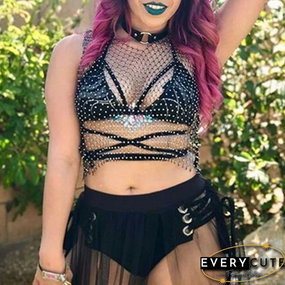 Black Rhinestone Mesh Hollow-out V Neck Crop Top