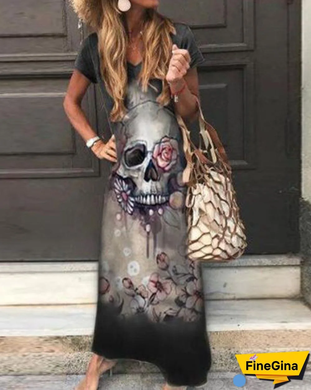 Skull Floral Print Sleeveless Casual Maxi Dress