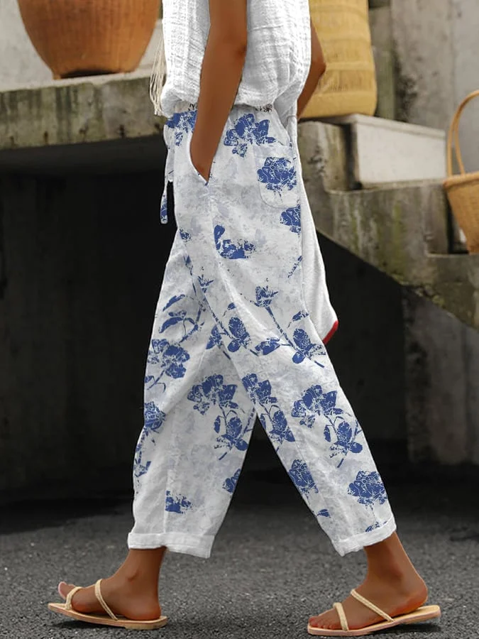 Women's Vintage Flower Print Casual Pants