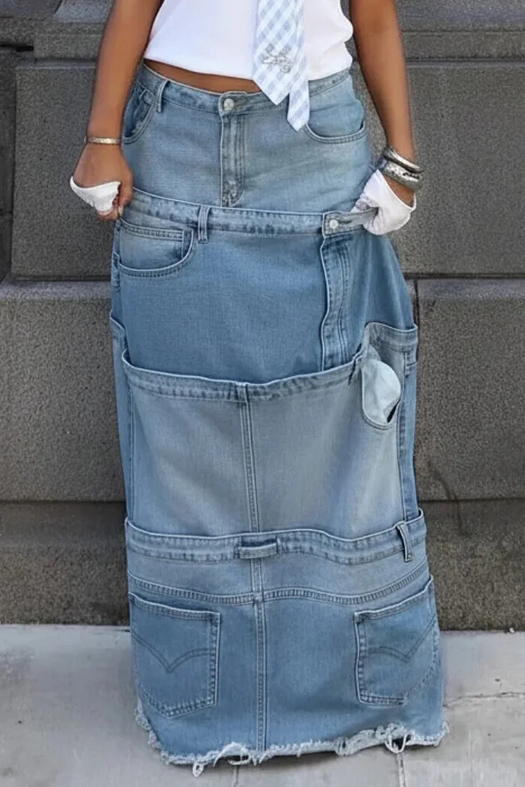 Xpluswear Design Plus Size Daily Blue Contrast Casual Pocket Denim Maxi Skirts 2024 - Xpluswear