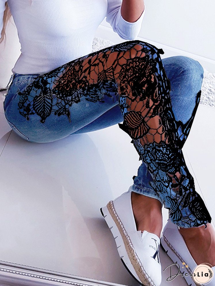 Lace Floral Crochet Cutout Elegant Sexy Denim Pencil Skinny Jeans