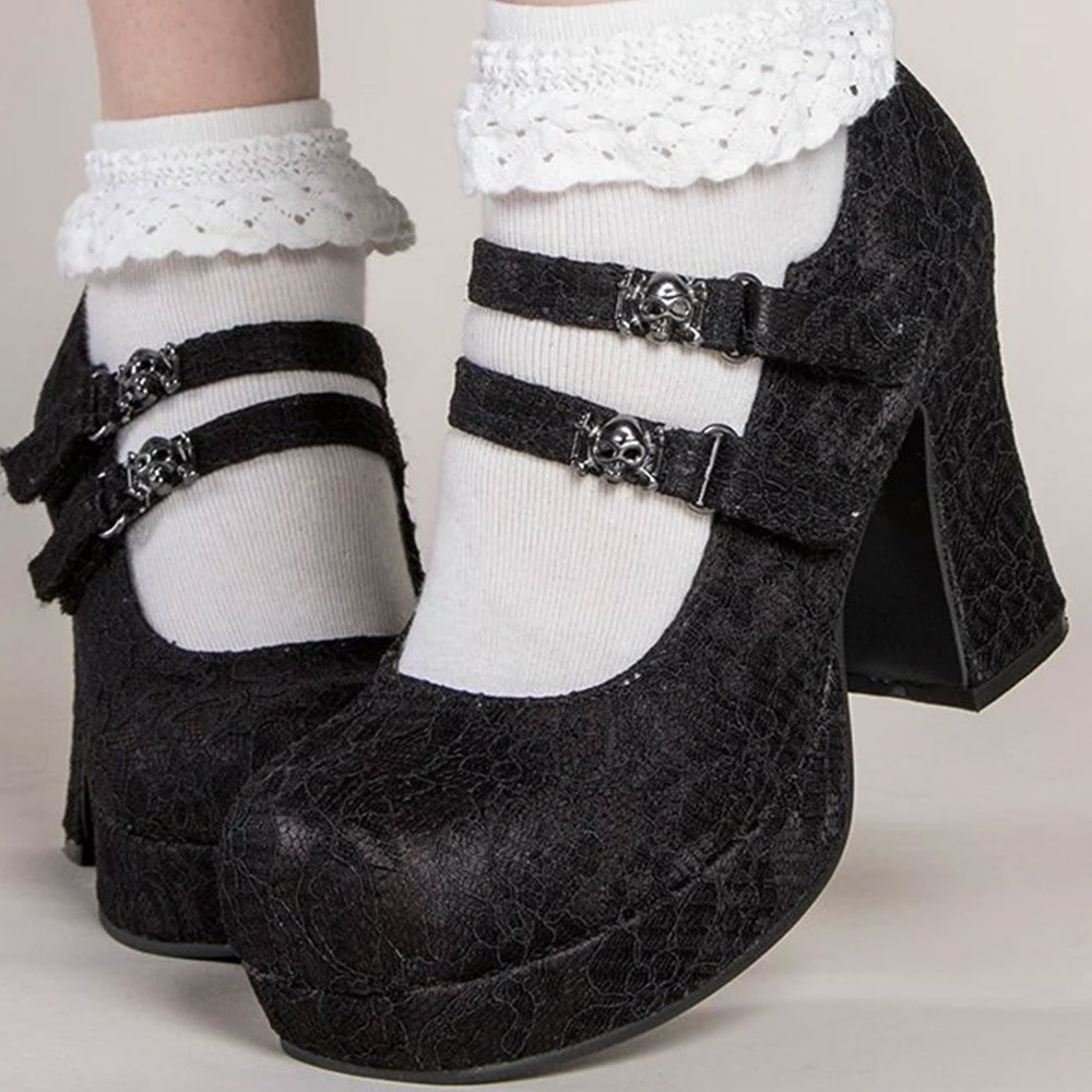 Black Lace Round Toe Skull Buckle Chunky Heel Platform Mary Janes Nicepairs