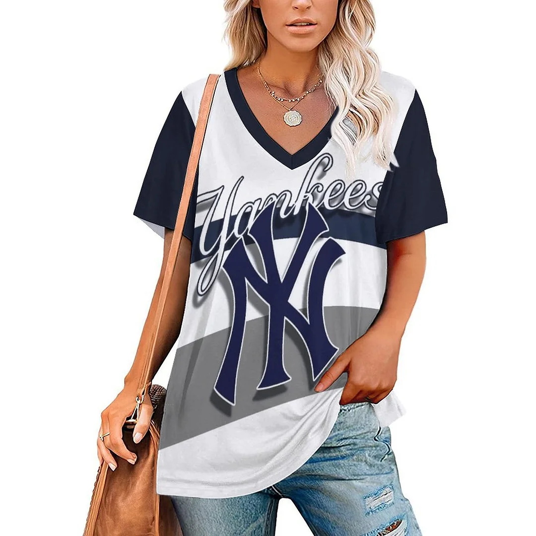 V-neck Short Sleeve Casual T-shirt for  Women Printed with Pattern ,Blue