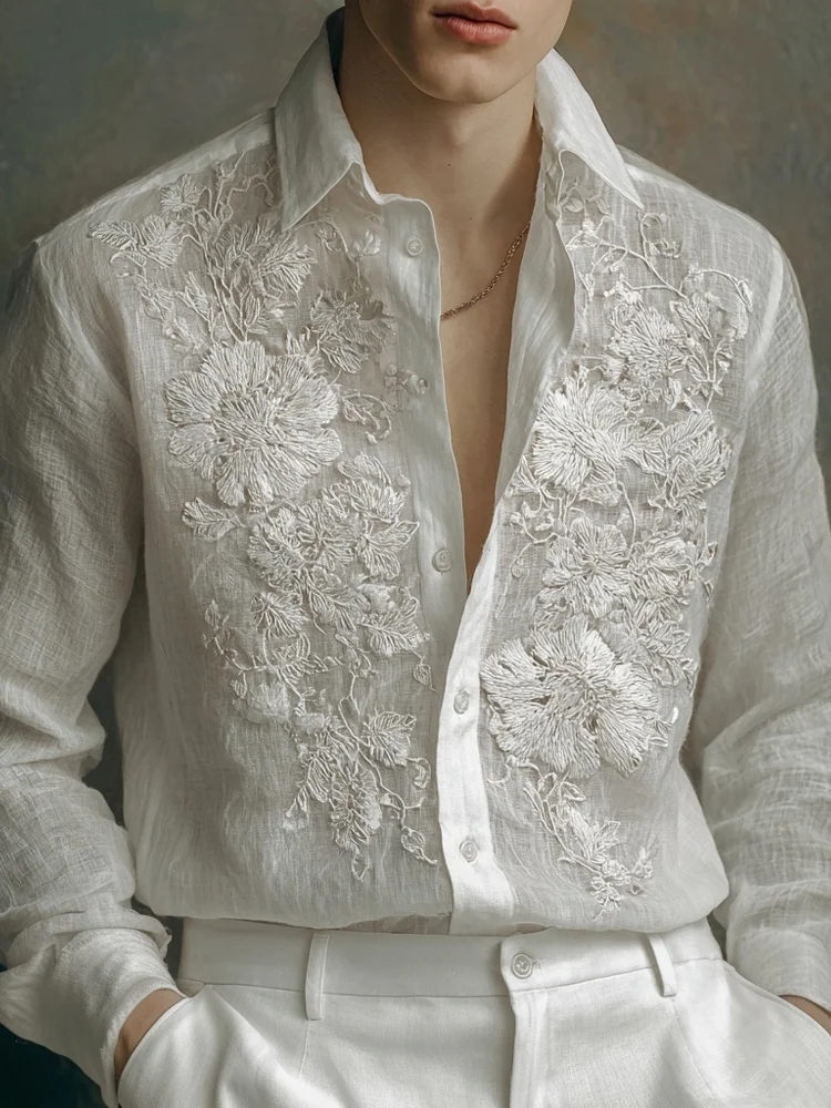 Men's Lace Flowers Embroidered Comfy Linen Blouse