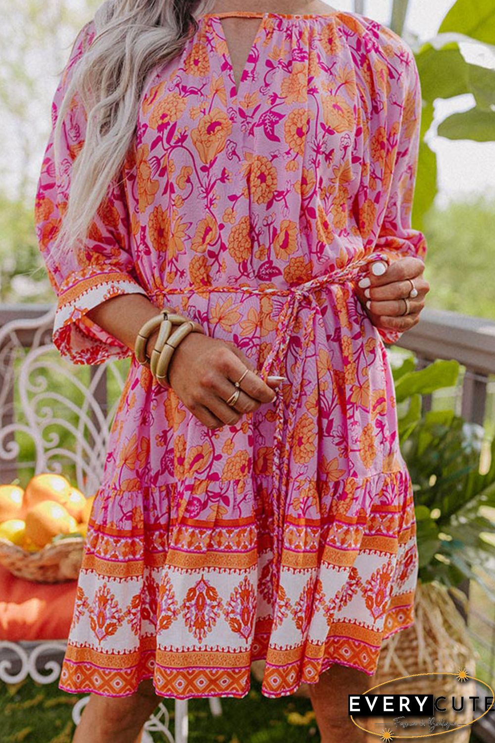 Red 3/4 Sleeve Boho Floral Belted Mini Dress