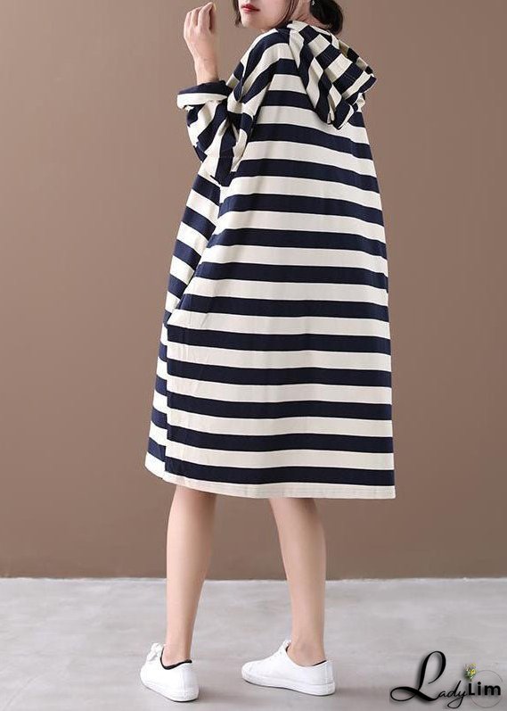 Chic Hooded Striped Cotton Sweatshirt Street wear dress Spring