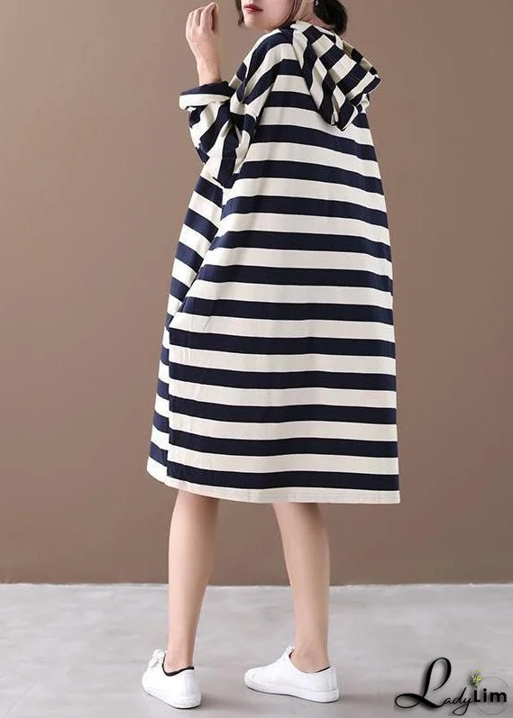 Chic Hooded Striped Cotton Sweatshirt Street wear dress Spring