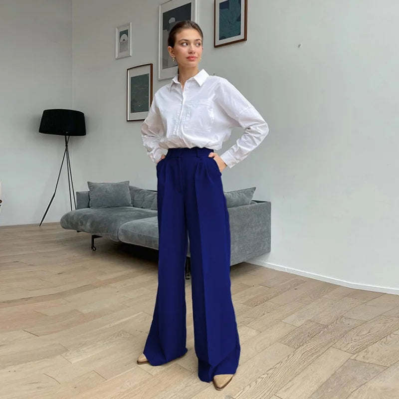 Aiertu Blue Office Women'S Pants Fashion Loose Full Length Ladies Trousers Casual High Waist Wide Pants For Women Aiertu