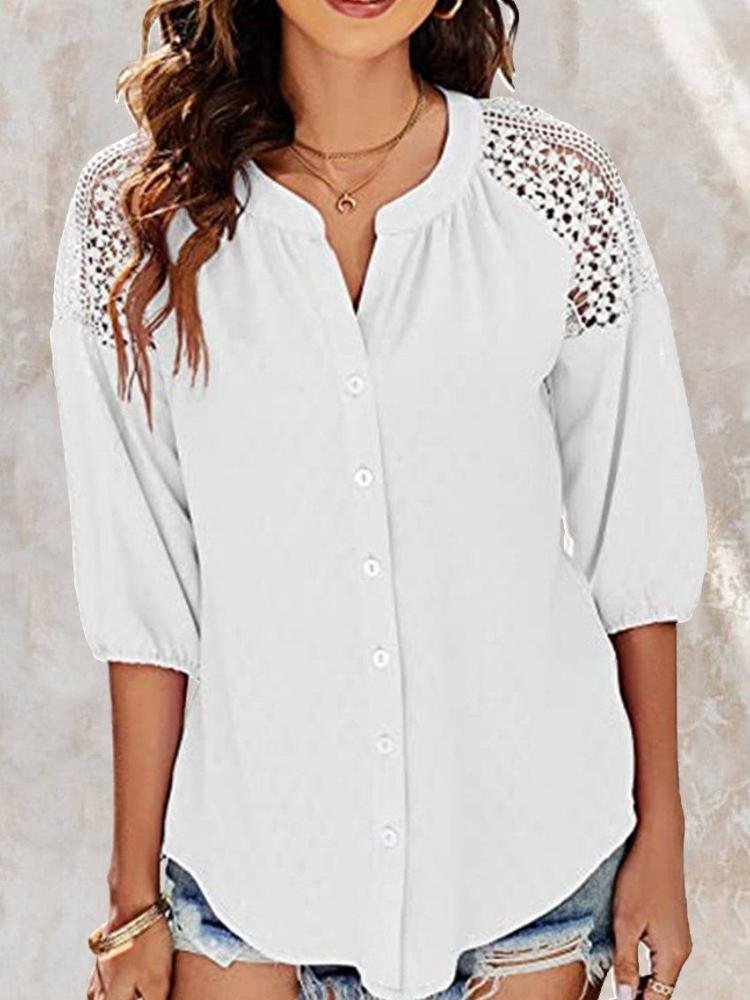 Casual Lace Cutout V Neck Blouse
