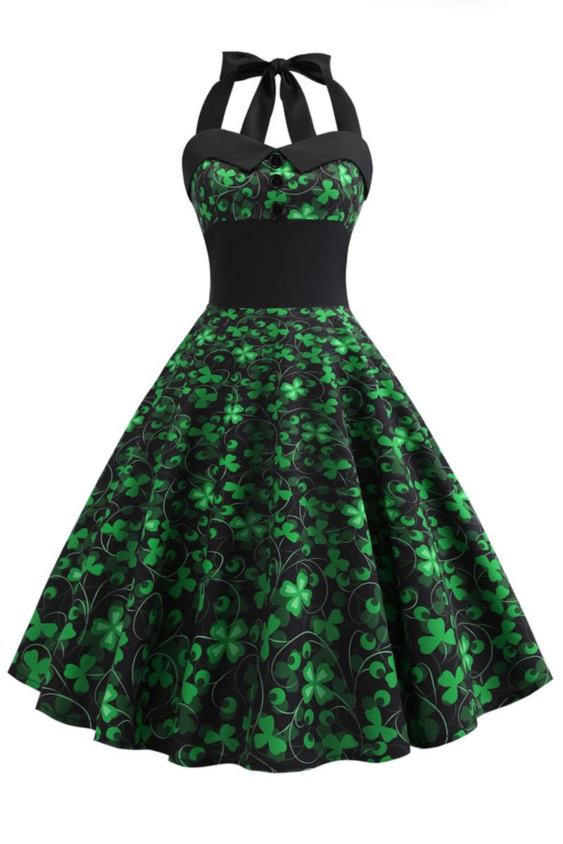 1950s Green Retro Clover All Over Print Halter Sleeveless Midi Dress