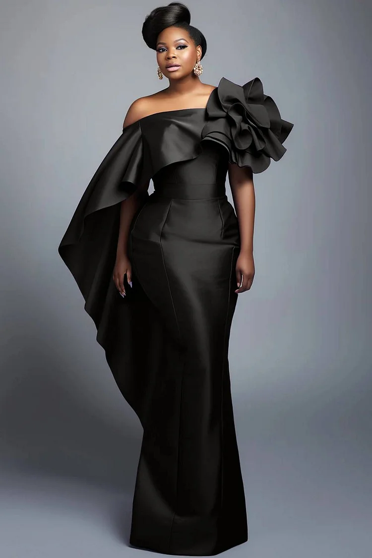 Xpluswear Design Plus Size Formal Black Elegant Off The Shoulder 3D Bodycon Satin Maxi Dresses