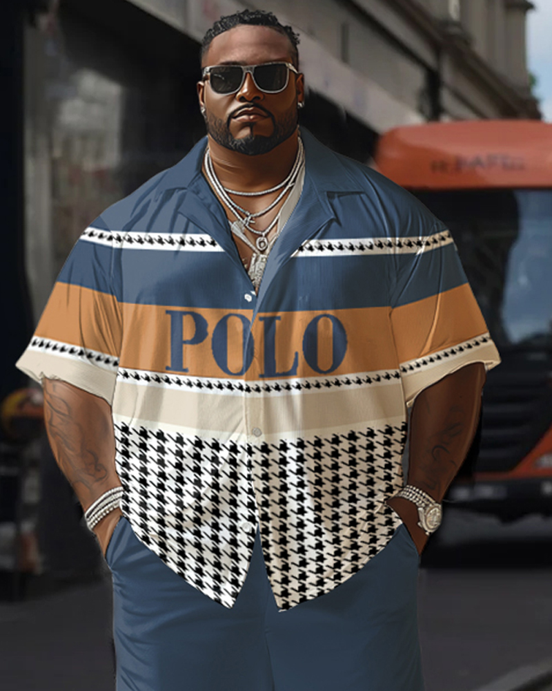 Men's Plus Size Men's Contrast Houndstooth Polo Print hort sleeve shirt shorts suit