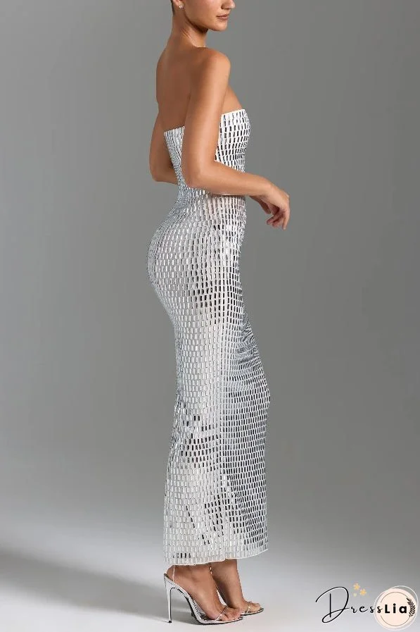Flash Sculpture Rhinestone Embellished Bandeau Slit Stretch Maxi Dress