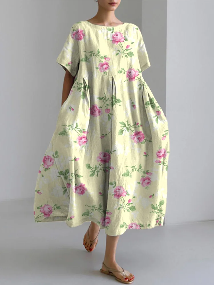 Vintage Rose Pattern Linen Blend Dress