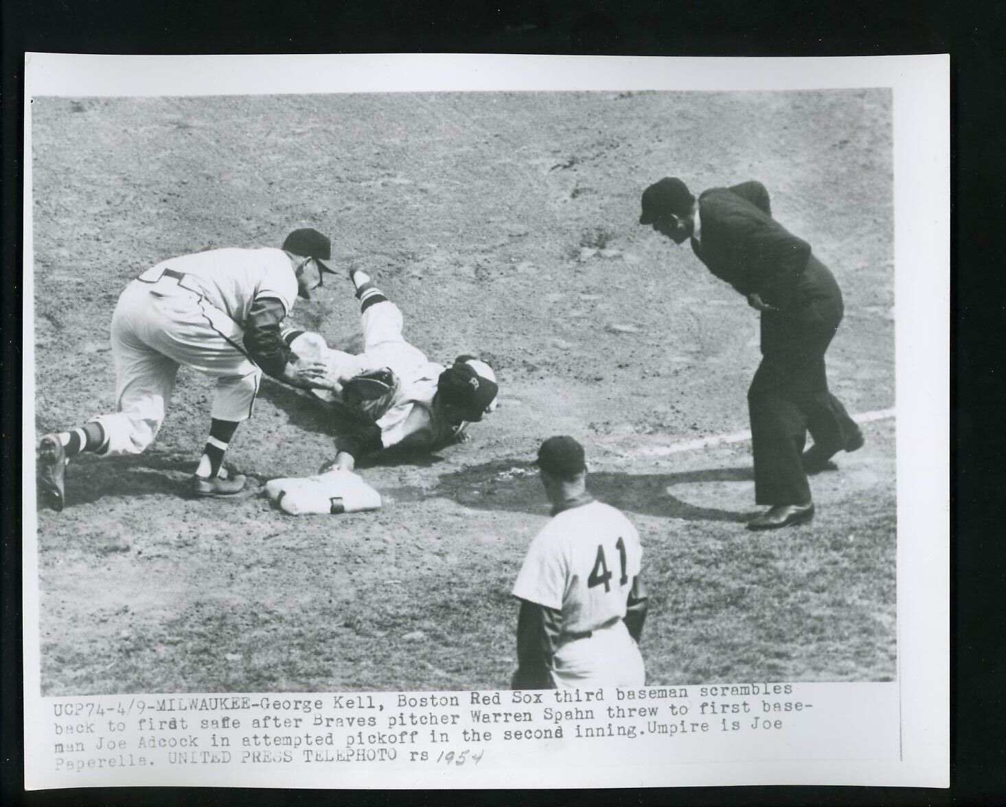 Joe Adcock George Kell Joe Paparella 1954 Press Photo Poster painting Boston Red Sox Braves