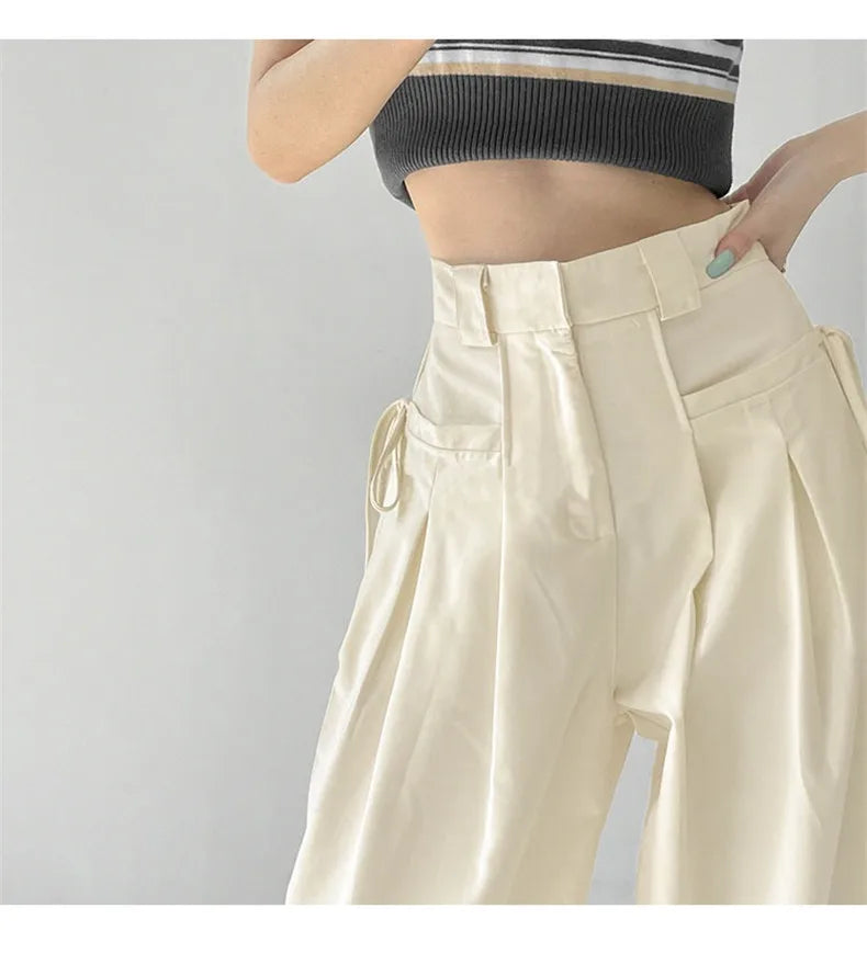 Aiertu Summer Japan Casual Style Solid Color High Waist Wide Leg Suit Pants Women's Fashion Loose Lace-up Full Length Trousers Aiertu