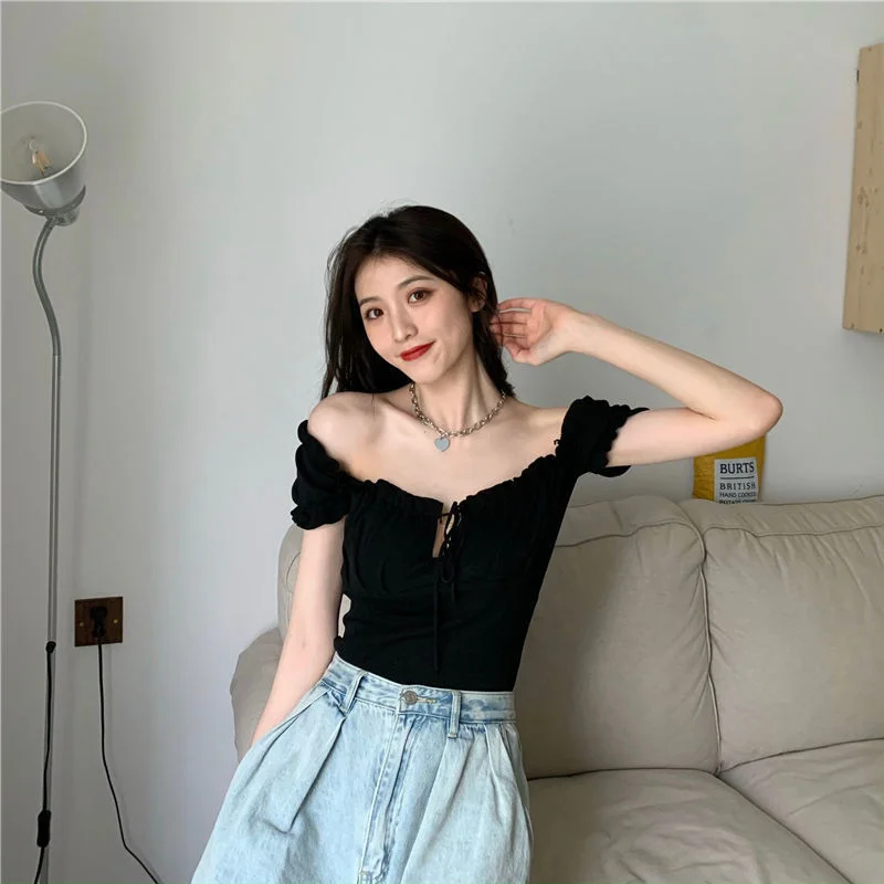 Uveng Uveng Short-Sleeved T-Shirt On The Shoulder Of The Female In Summer New Square Collar Draw Rope Wearing A Short Brooch Jersey