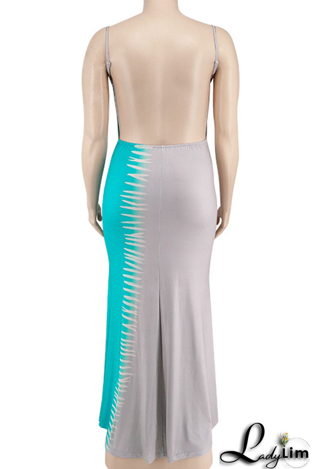 Blue Sexy Print Patchwork Spaghetti Strap Straight Dresses