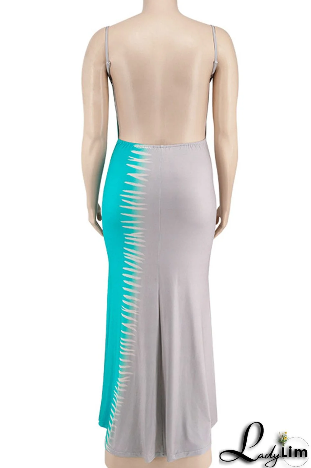 Blue Sexy Print Patchwork Spaghetti Strap Straight Dresses