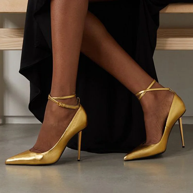 Elegant Gold Ankle Strap Pumps Women'S Pointed Toe Stiletto Shoes Evening Sexy Heels |FSJ Shoes