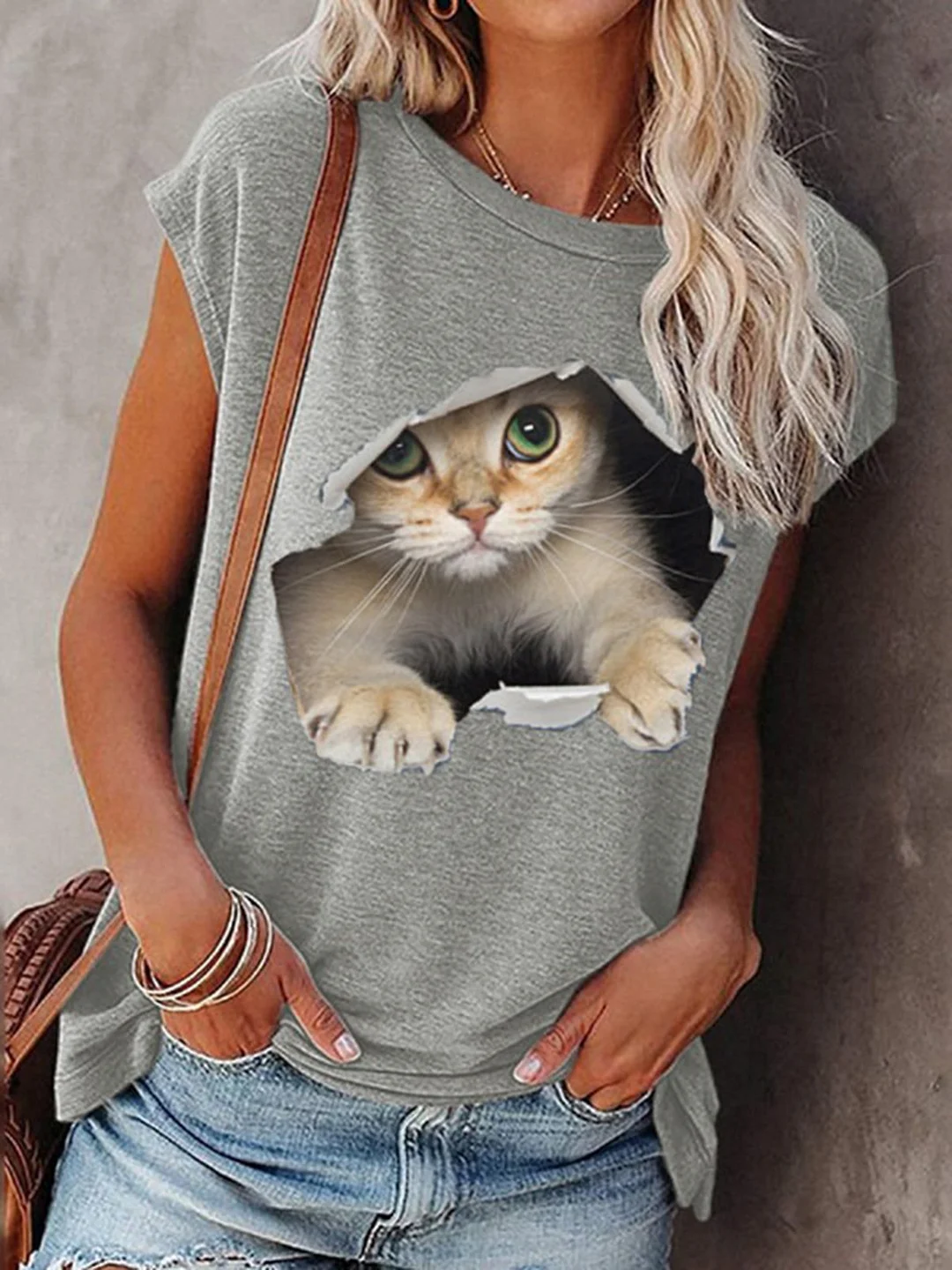 Gray Cat Printed Casual Short Sleeve Shift Shirts & Tops