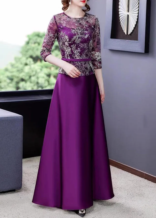 New Purple Embroideried Tulle Patchwork Maxi Dresses Half Sleeve