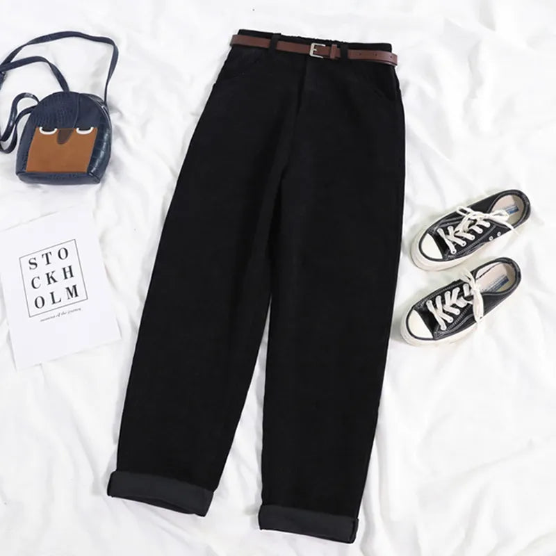 Women Spring Corduroy Pants High Waist Autumn Vintage Korean Casual Wide Leg Pants Elegant Belt Loose Cotton Streetwear LANFUBEISI