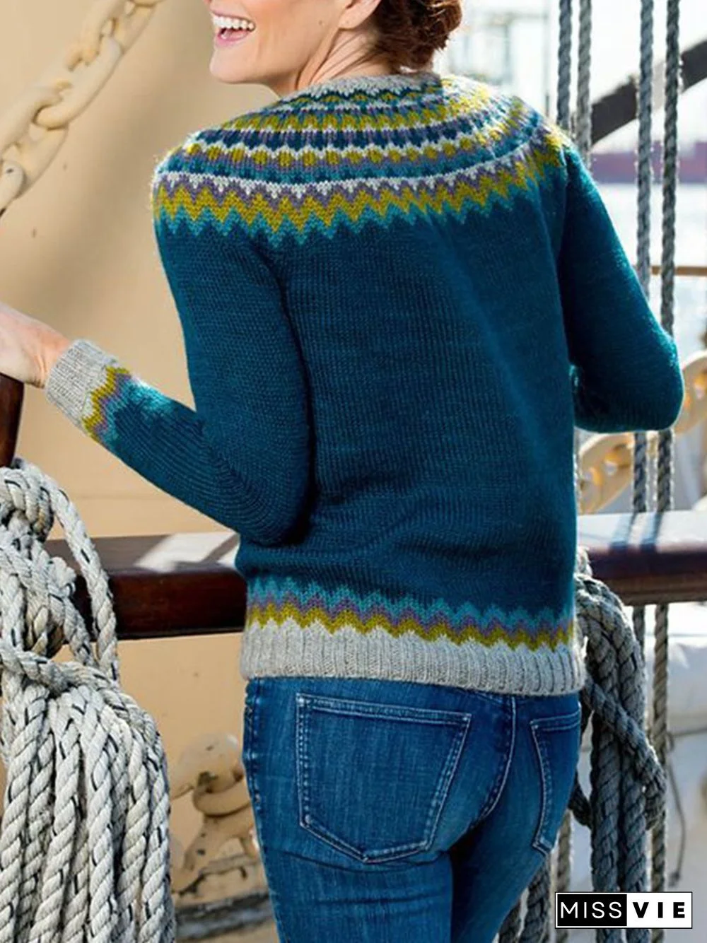 Women Vintage Ethnic Winter Polyester Micro-Elasticity Daily Plus Size Long sleeve Crew Neck Sweater