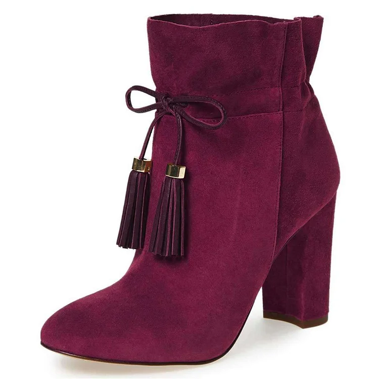 Burgundy Boots Vegan Suede Closed Toe Chunky Heel Fringe Ankle Boots |FSJ Shoes