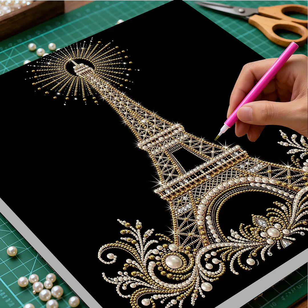 Eiffel Tower DIY Pearl Painting Kit for Adults/Beginners Gift Home Wall Decor Pearl Gem Paintings Picture Arts Craft with Frame 30x30cm