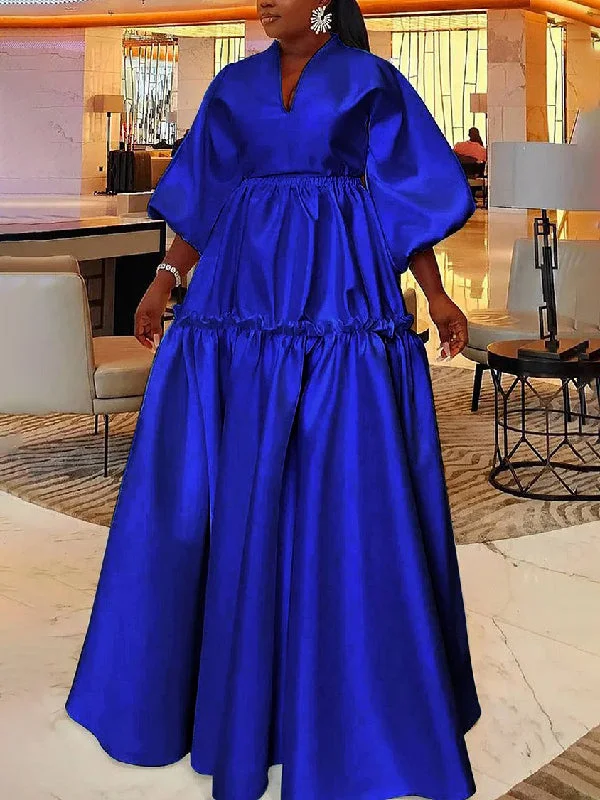 Falbala Pure Color High Waisted Puff Sleeves V-Neck Maxi Dresses