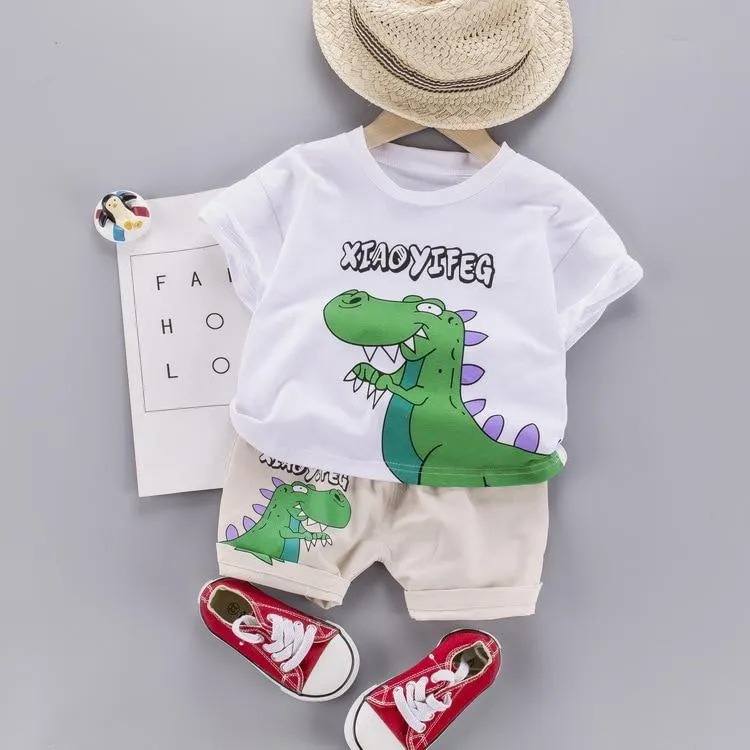 Summer 2021 New Kids Clothes Dinosaur Children's Short-sleeved Set T-shirt + Shorts Boys and Girls 2 piece Suits infant children