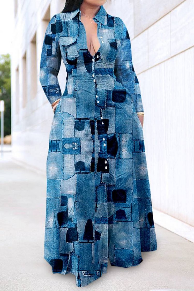 Xpluswear Plus  Size Casual Colorblock Blue Print Turndown Collar With Pockets Button Long Sleeves Maxi Dress [Pre-Order]
