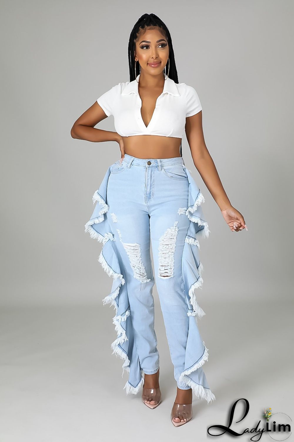 Slim-fit Sexy Stretch Jeans With Ruffled Fringe And Shredded Holes