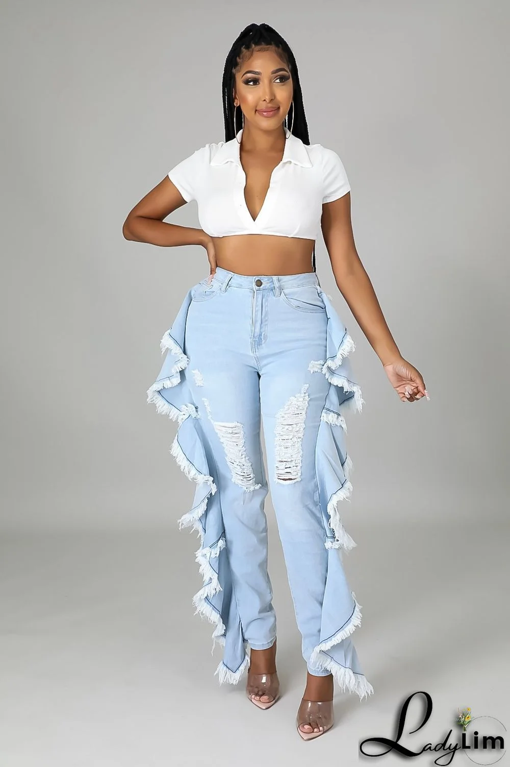 Slim-fit Sexy Stretch Jeans With Ruffled Fringe And Shredded Holes