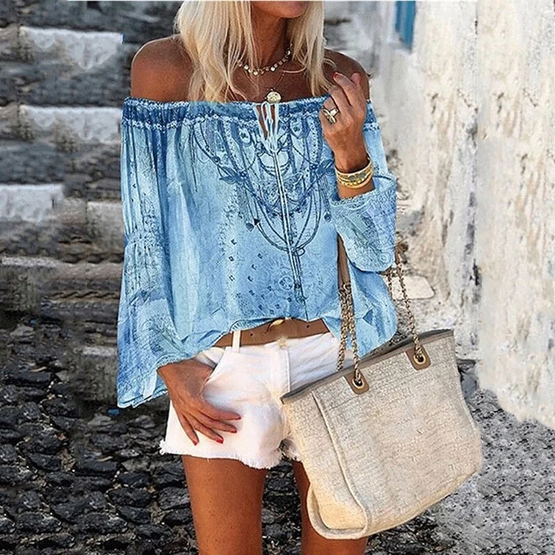 Women Blouse Shirt Off Shoulder Floral Print Blouse Shirts Lace-up Hollow Top Vintage Flare Sleeve Ladies Office Blouses