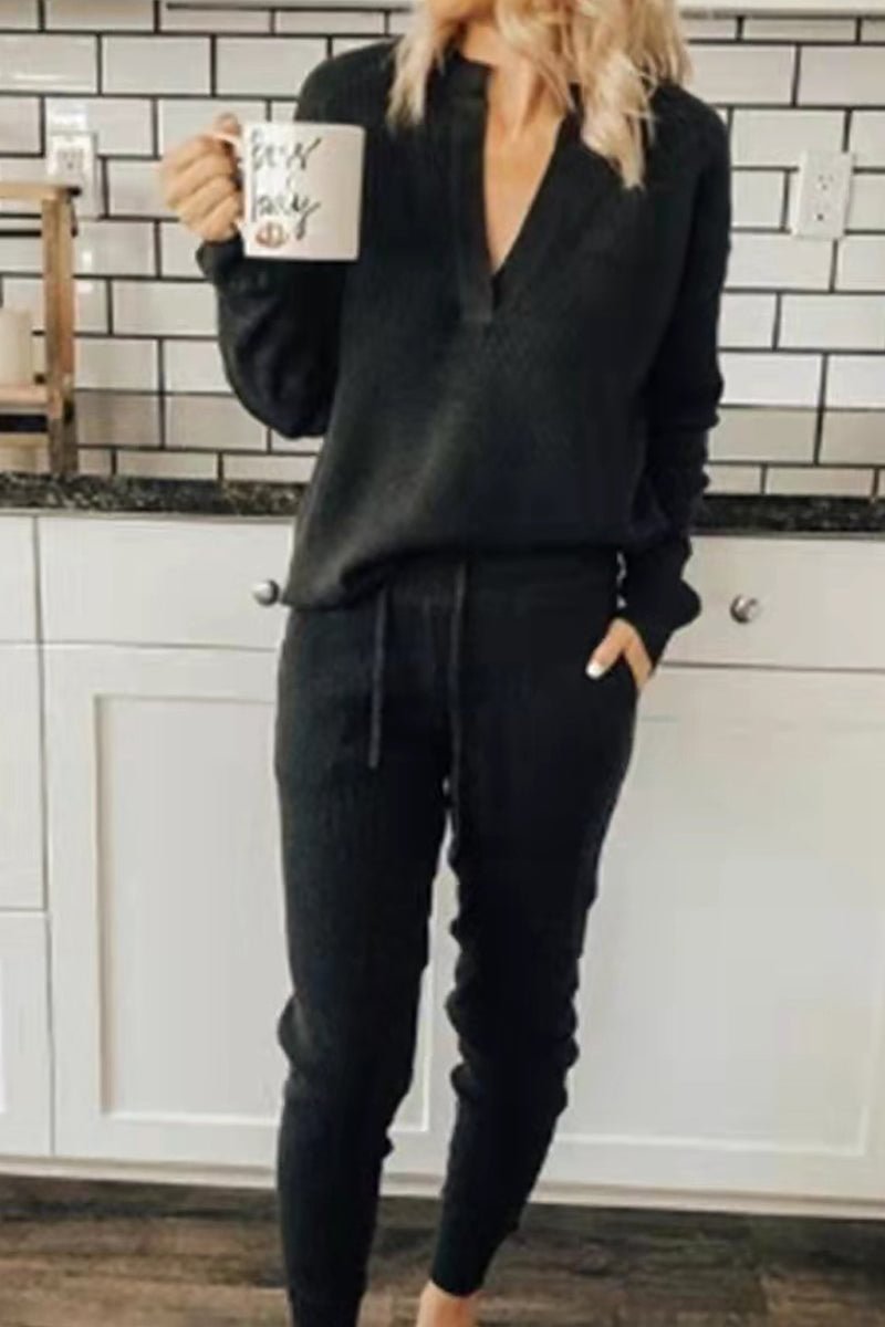 Fashion Solid Color V Neck Long Sleeve Two Pieces(3 Colors)