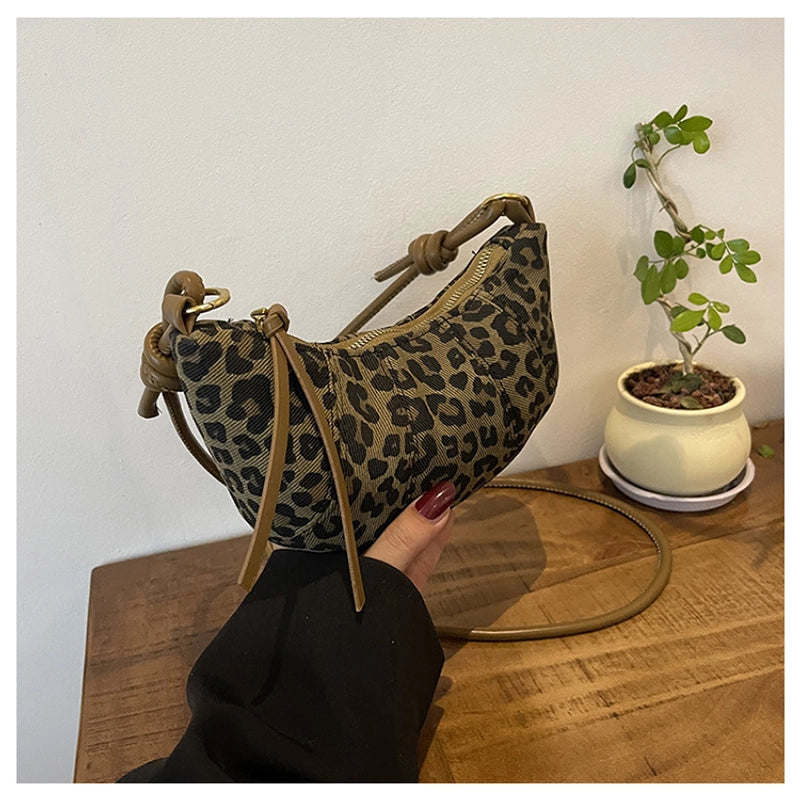 Women’s Canvas Leopard Vintage Style Dumpling Shape Zipper Shoulder Bag Crossbody Bag