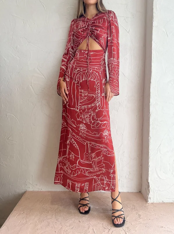 Vintage Abstract Line Print Two-Piece Set