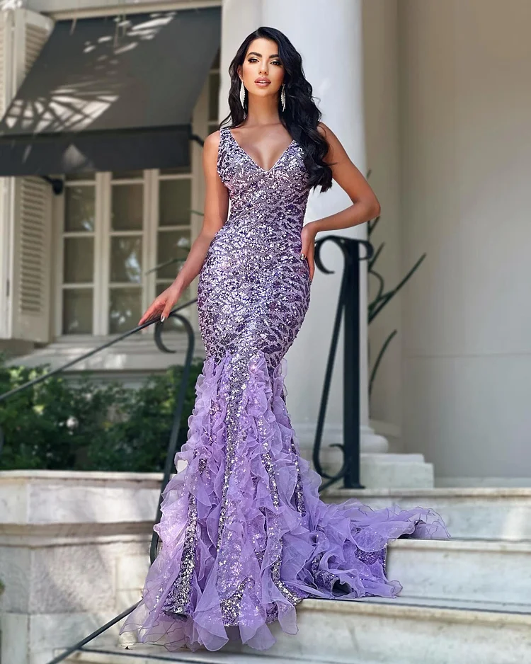 Hellodresses Shining V Neck Sleeveless Lilac Sequins Prom Dress With Ruffles
