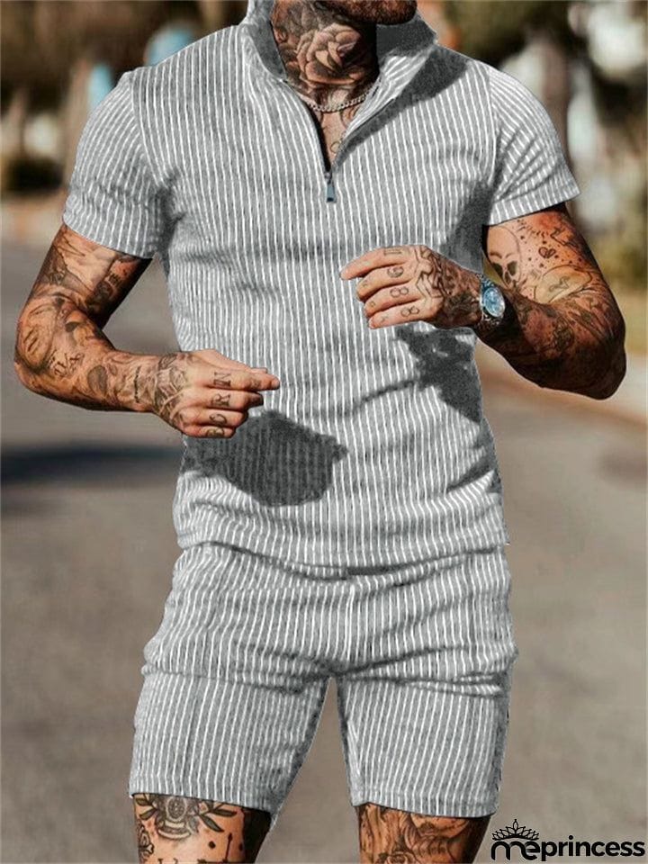 Men's Vertical Stripe Short Sleeve Pullover Loose Sets for Holiday