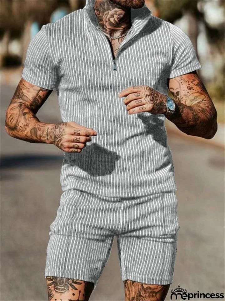 Men's Vertical Stripe Short Sleeve Pullover Loose Sets for Holiday